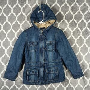 Limited Too Jacket Girls 10 Blue Denim Hooded Quilted Lined Zip Button Pockets